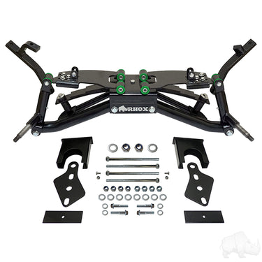 Redhawk RHOX BMF 6-inch A-arm lift kit installed on a Club Car DS golf cart, showing upgraded suspension and modified components.