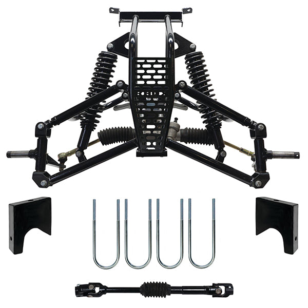 Redhawk RHOX BMF 7-inch A-arm lift kit installed on E-Z-Go TXT gas golf cart with Kawasaki engine, showing lifted suspension and front view.