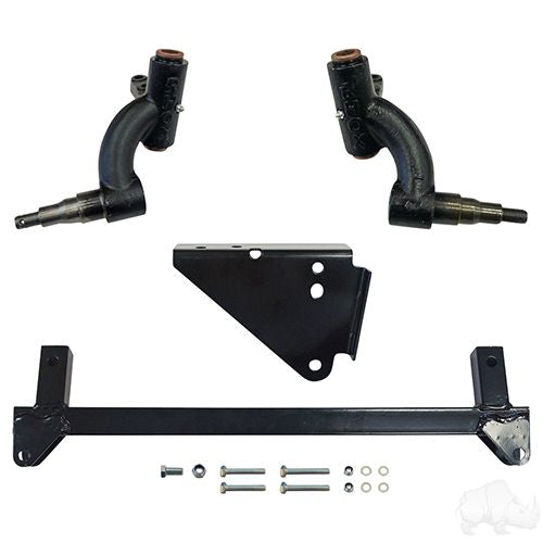 Redhawk 3-inch drop spindle lift kit for Yamaha Drive2 golf cart, showing the assembled lift components and spindle system.