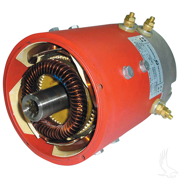 High speed Redhawk 10 spline motor for Club Car golf carts, showing the compact electric motor with cooling fins and wiring.