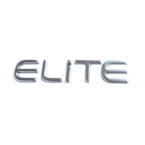 E-Z-GO OEM ELiTE branding decal for golf carts, silver color, authentic Powertr Elite decal, shown on a white background.