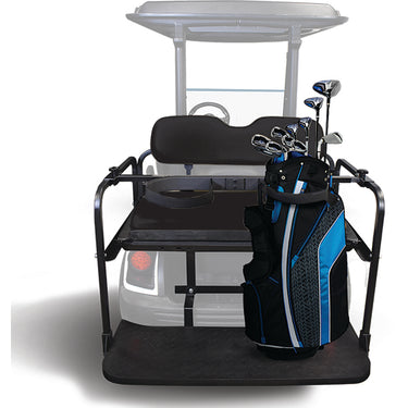 Red Hawk OEM Rhino Seat Kit for EZGO TXT, black seat with golf bag holder, designed for comfortable outdoor riding.