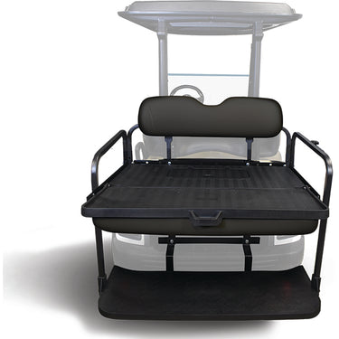 Red Hawk OEM Rhino Seat Kit for EZGO TXT, black seat with open back design, installed on golf cart.