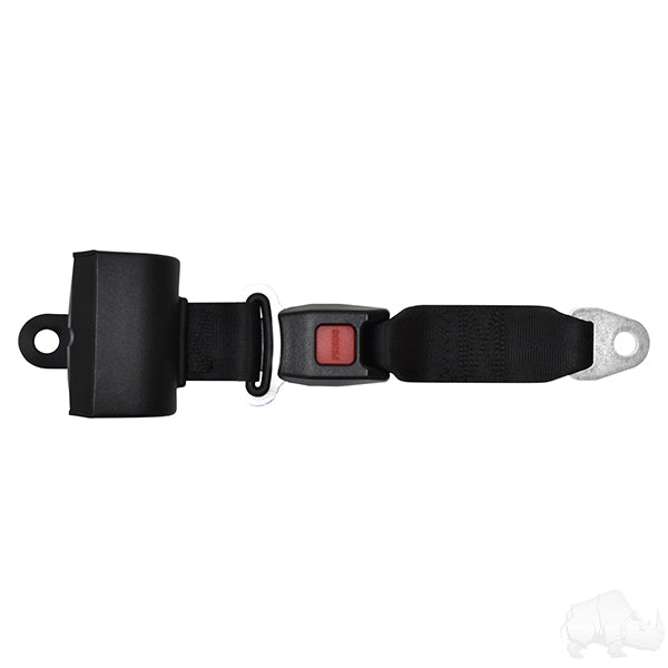 Redhawk retractable 36-inch seat belt fully extended, showing a durable safety belt with metal buckle and adjustable length.