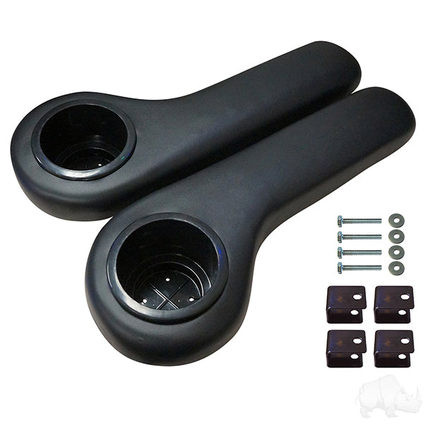 Redhawk RHOX black arm rest with built-in cup holder set attached to a vehicle seat, providing comfort and convenience.