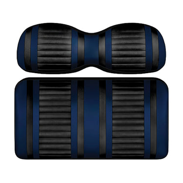 Redhawk DoubleTake Extreme front cushion set for E-Z-Go RXV 08+ in black and navy, shown on vehicle seat with detailed stitching.