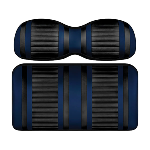 Redhawk DoubleTake Extreme front cushion set for E-Z-Go RXV 08+ in black and navy, shown on vehicle seat with detailed stitching.