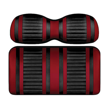 Redhawk DoubleTake Extreme Front Cushion Set in black and ruby for Club Car Precedent 04+ golf cart, shown on seat.
