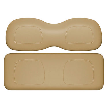 Redhawk DoubleTake Classic rear cushion set in tan for E-Z-Go TXT 96+ golf carts, shown on the seat with detailed stitching.