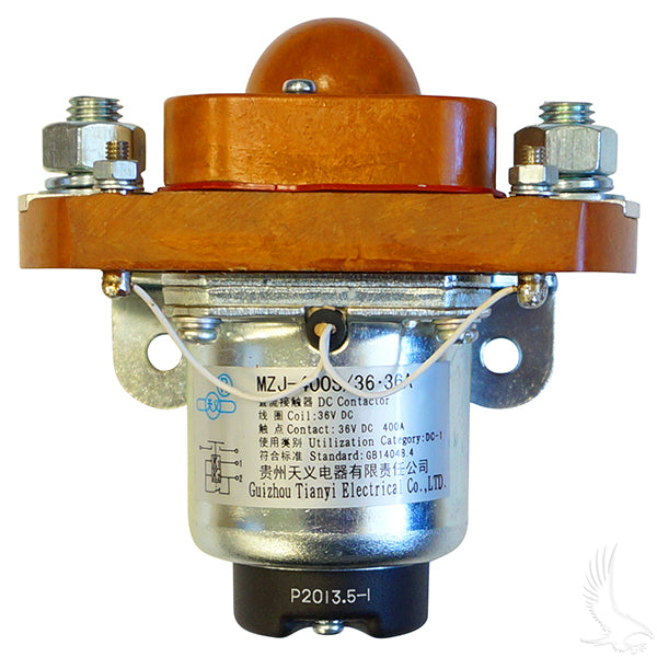 Heavy-duty Redhawk 400A 36V solenoid with robust metal construction and electrical connections, used for high-current switching applications.