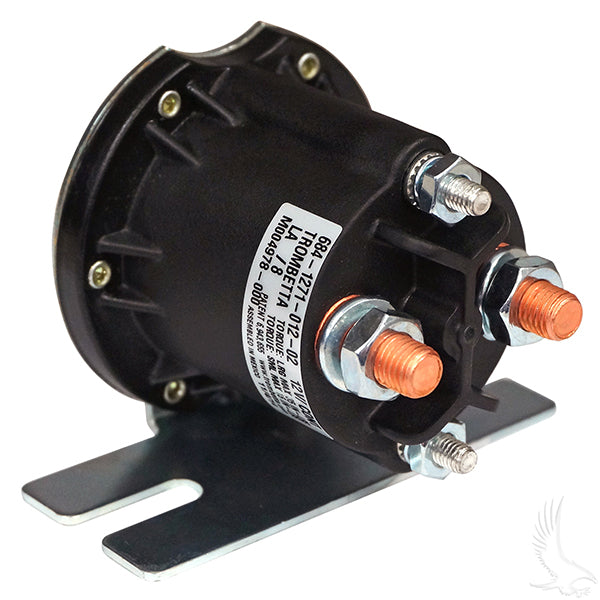 Redhawk 12V solenoid for Yamaha Drive2 G22 gas golf carts, used in Drive system, with electrical connections visible