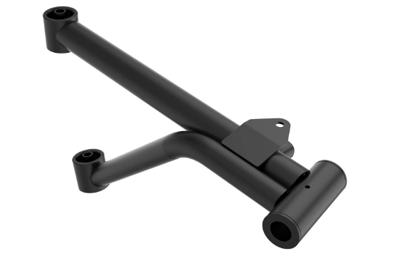 John Deere AM141132 genuine replacement arm for lawn equipment, showing the sturdy metal component with attached joints.