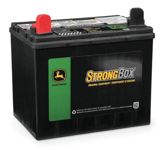 John Deere TY25221B wet charged battery with terminals visible, providing reliable power for outdoor equipment and machinery.