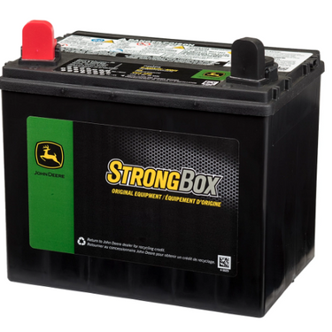 John Deere TY25221B wet charged battery showing terminals and label for reliable power in equipment.