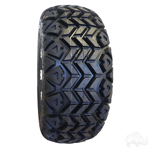 Redhawk RHOX RXAT 23x10.5-12 4-ply ATV tire with aggressive tread pattern, shown on rugged terrain.
