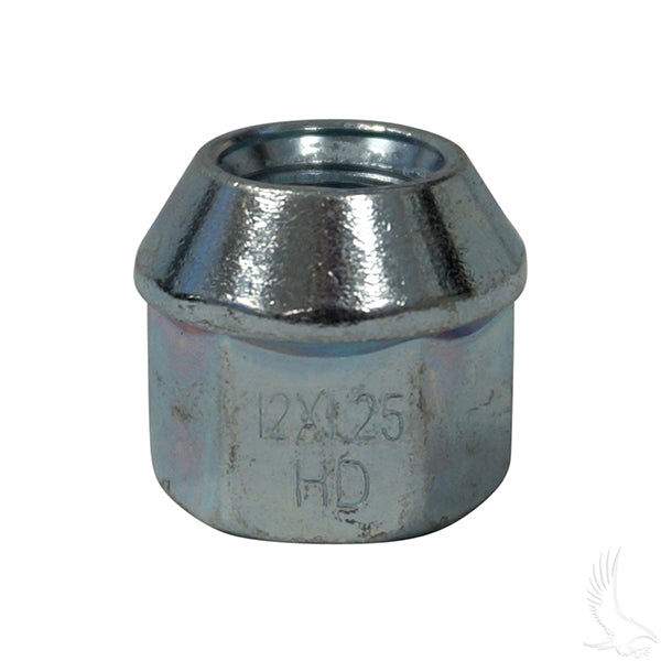 Redhawk 12mm-1.25 metric lug nut, automotive wheel hardware, close-up view showing threading and finish.