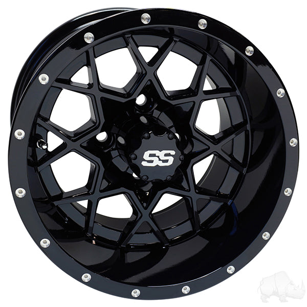 Redhawk RHOX RX385 12x7 gloss black alloy wheel with ET-25 offset, shown in a close-up view.