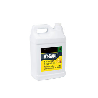 Close-up view of JOHN DEERE TY22062 Transmission and Hydraulic Oil, Hy-Gard™, 9.46 Liter (2.5 Gallon) showcasing its premium formulation for optimal performance and protection of equipment.