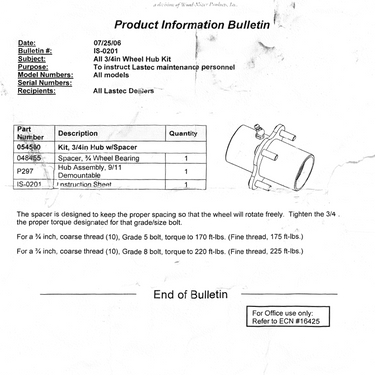 LASTEC - 054560 - OEM, Kit, 3/4 in. Hub (w/Spacer)