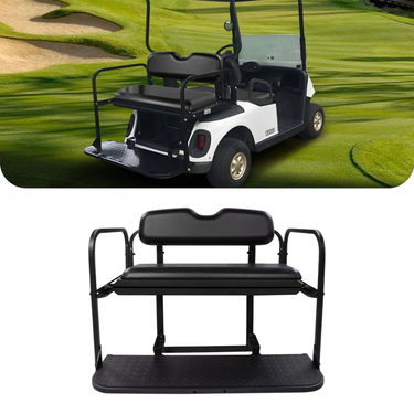 Rainier Parts EZGO RXV black flip seat kit for golf cart rear seat, durable, stylish, and comfortable for EZGO RXV owners.