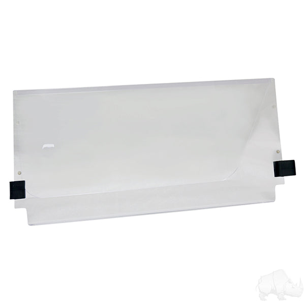 Clear 2-piece Yamaha G22 windshield by Redhawk, shown mounted on the golf cart with transparent acrylic panels and black framing.