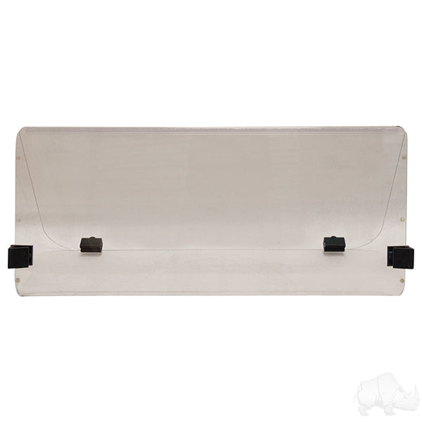 Impact modified clear 2-piece windshield for Club Car DS Old Style 1984-1999, by Redhawk, shown in the image.