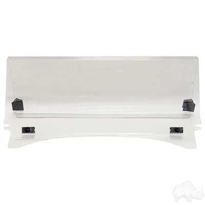 Redhawk windshield for Club Car Tempo and Onward golf carts, clear impact-modified visibility, two-piece design for enhanced protection.
