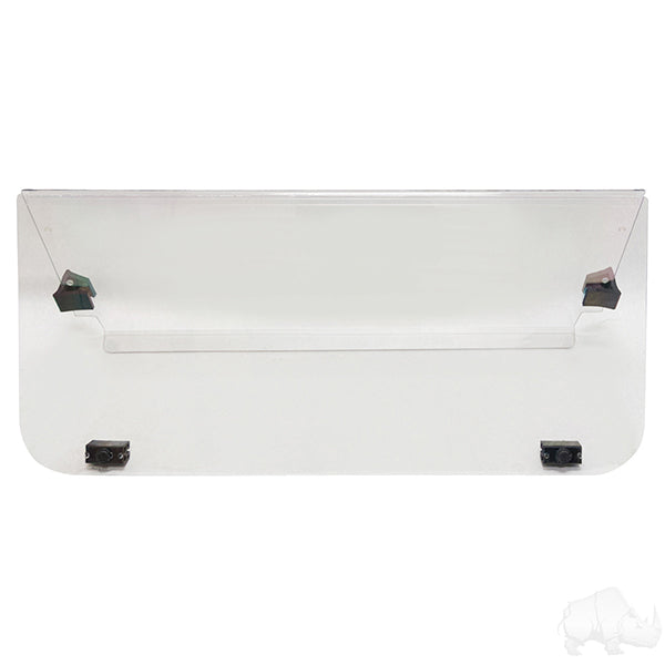 Impact modified clear 2-piece windshield for Yamaha G22 golf cart, Redhawk brand, with mounting hardware visible.