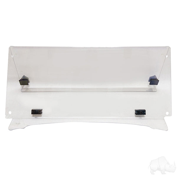 Redhawk impact-modified clear 2-piece windshield for Yamaha Drive golf cart, shown installed on the vehicle.