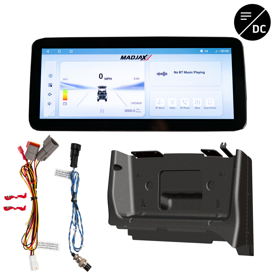 MadJax Kinect display screen kit for Club Car Precedent, Tempo, Onward with Bolt Battery and OEM DC Controller, showing screen interface.
