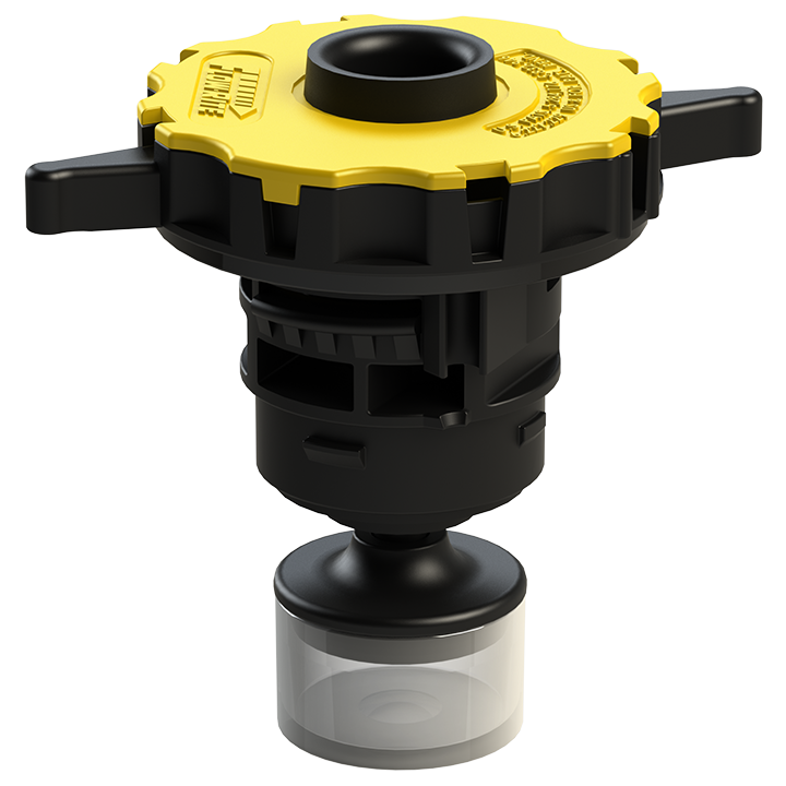 Flow-Rite Pro-Fill valve with yellow winged bayonet cap, clear displacer, no shroud, no swivel, designed for fuel tanks or containers
