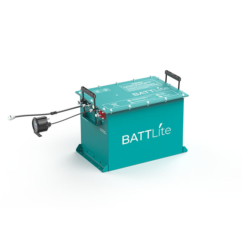 ROYPOW BATTLite lithium golf cart battery with Bluetooth monitor, 51.2V 100Ah capacity, designed for EZGO TXT vehicles.
