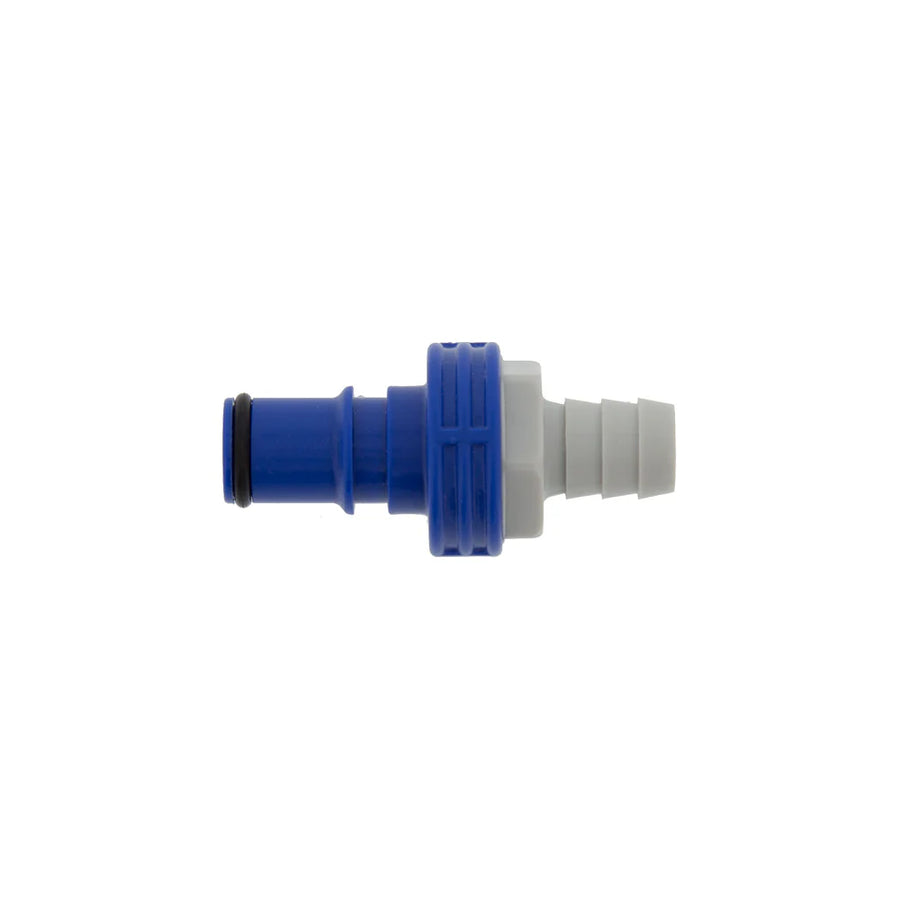 Blue male 3/8 inch connector for battery watering by Battery Watering Technologies, used in fleet maintenance.