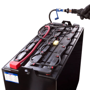 Gray Battery Watering Technologies DFHOSE STG hose with strainer for safe, mess-free professional battery maintenance.