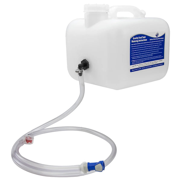 Battery Watering Technologies NT2212GF 2.5-gallon gravity feed tank with flow indicator and blue connector for battery watering.