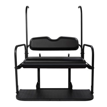 Yamaha Drive 2 black rear golf cart flip seat kit by Rainier Parts, providing premium comfort and safety for passengers.