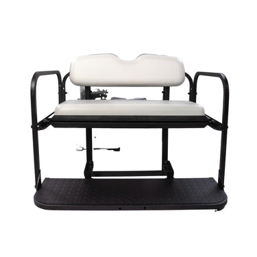 EZGO RXV white golf cart flip seat kit by Rainier Parts, showcasing durable, comfortable rear seat with easy installation.
