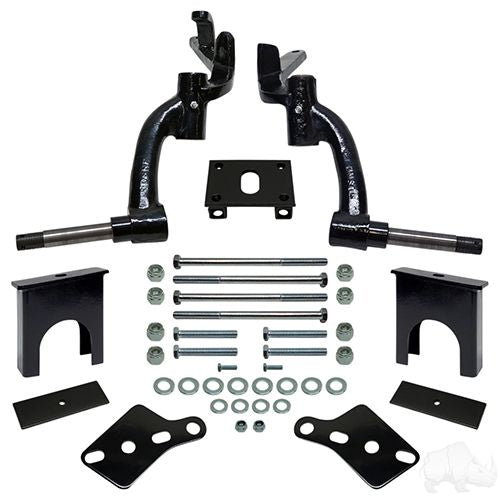 Redhawk Lift101 6-inch drop spindle lift kit installed on a Club Car DS golf cart, increasing ground clearance for enhanced off-road use.