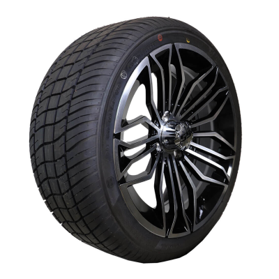 E-Z-GO tire assembly 205/35R14 with Stormbreaker rim mounted on golf cart wheel for heavy-duty performance.