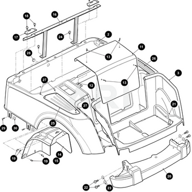 E-Z-GO OEM metallic charcoal golf cart body assembly without lights, replacement part for EZGO golf carts, durable and sleek design