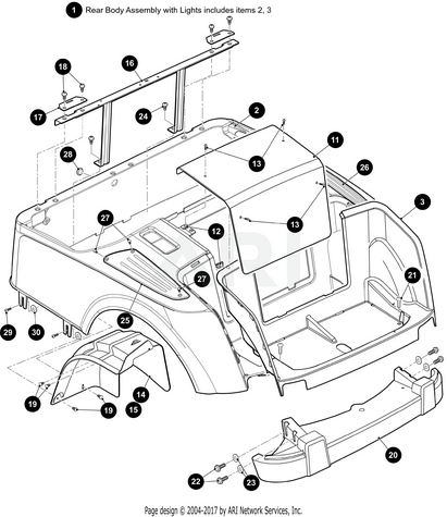 E-Z-GO OBS Almond body with lights assembly for golf carts, OEM direct fit, replacement part for OBS model.
