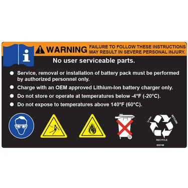 E-Z-GO Li-Ion Battery Warning Decal for golf carts, OEM 655748, showing safety symbols and warnings on the decal.