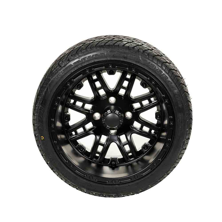 E-Z-GO OEM wheel assembly 687077 for golf carts, black Magstar rim, 215-35-14 size, shows the wheel from the back side