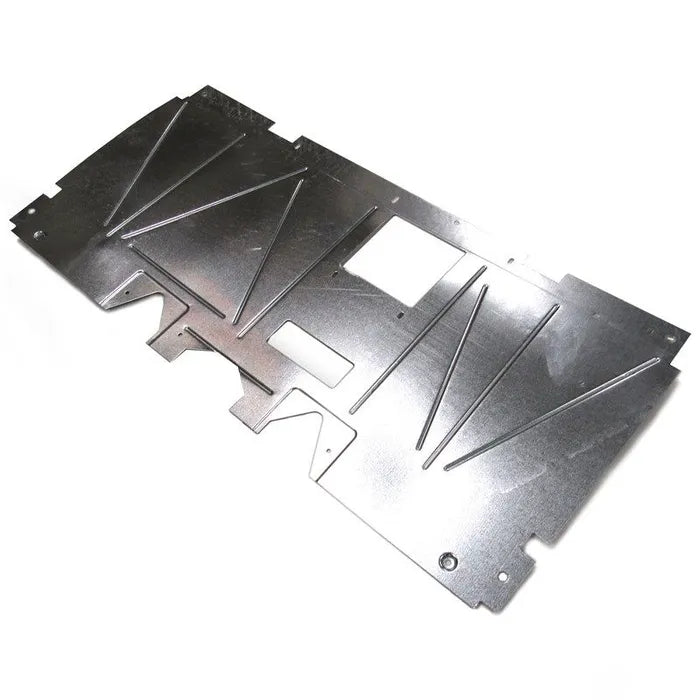 E-Z-GO OEM lower floorboard replacement part for golf carts, showing a black metal floorboard with mounting holes.