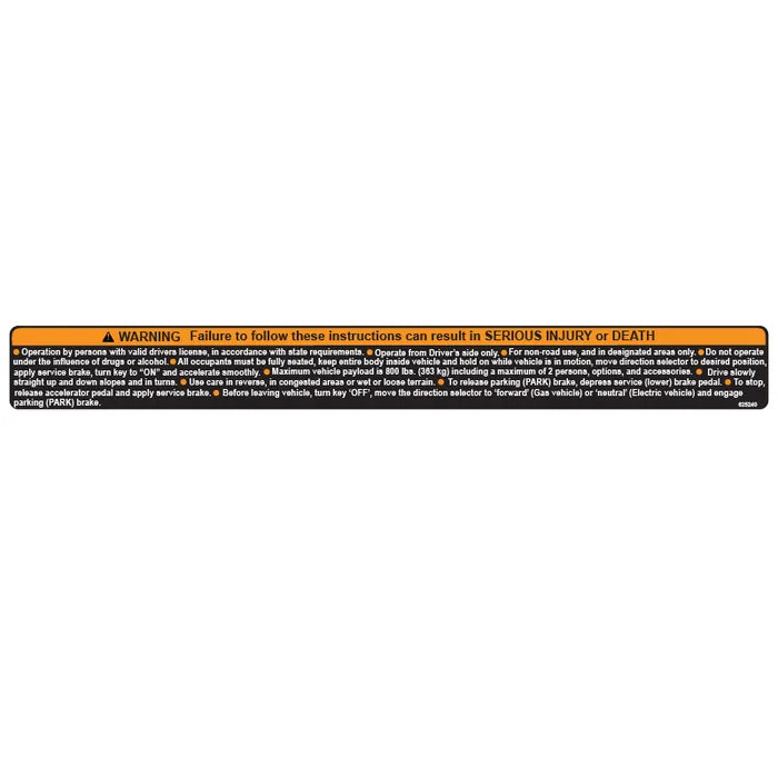 E-Z-GO OEM safety console label for golf carts, durable weather-resistant sticker with safety instructions and branding.