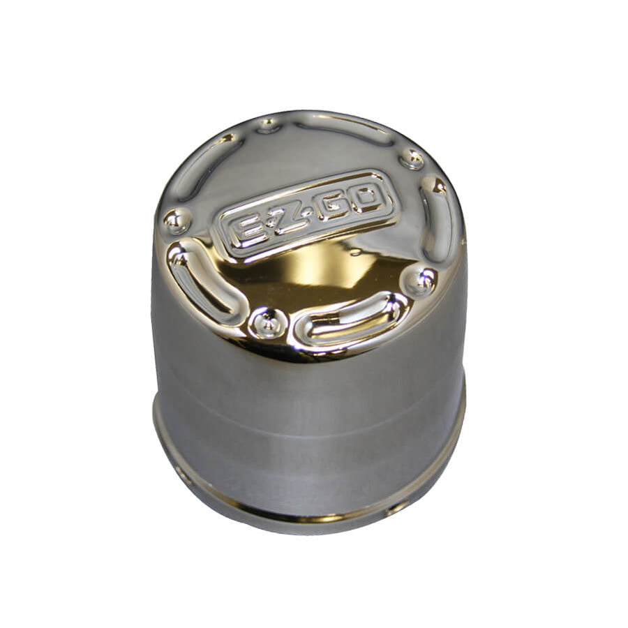 E-Z-GO logo wheel cap in chrome aluminum for OEM diamond wheels on golf carts, featuring the EZ GO branding.