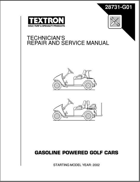E-Z-GO OEM repair manual for 2002-2003 gas-powered TXT golf carts, showing the cover of the technical maintenance guide.