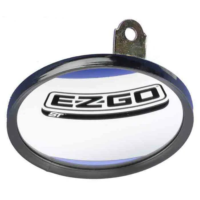 E-Z-GO OEM round convex mirror for golf carts, showing the mirror's reflective surface and mounting frame.