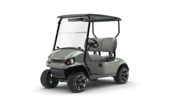 E-Z-GO Rear Flip Seat Kit RFS Premium for TXT golf carts, shown in Tundra Grey, featuring a foldable rear seat for EZ-GO TXT models.