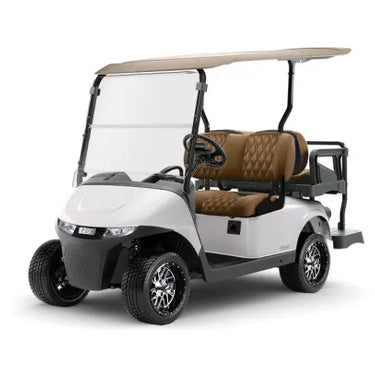 E-Z-GO OEM premium back seat assembly in Amarillo Brown leatherlike vinyl for golf carts, showing the seat with detailed stitching and design.
